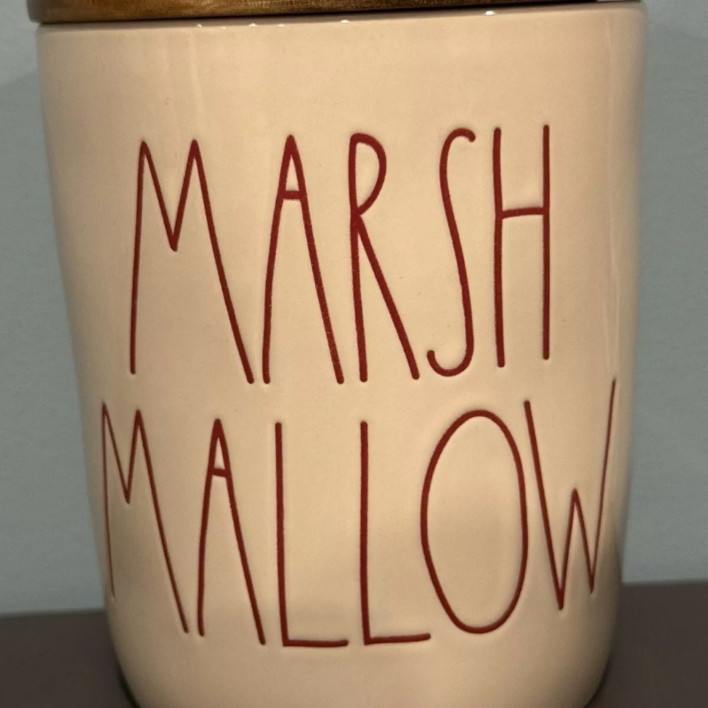 New Rae Dunn “MARSHMALLOW” Cellar White with Red Letter 5"